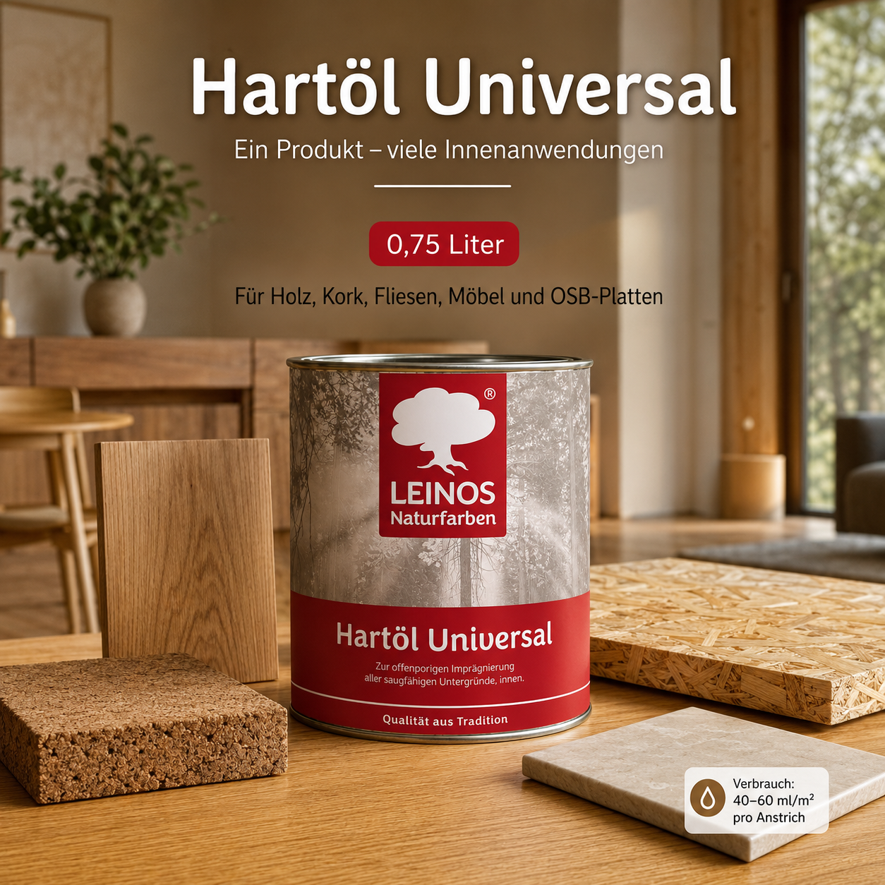 LEINOS 259 Hartöl Universal 0,75 l |Für alle Hölzer im Innenbereich, insbesondere Fußböden, aber auch für Kork | Leicht zu verarbeitende, universelle Grundierung und Endbeschichtung