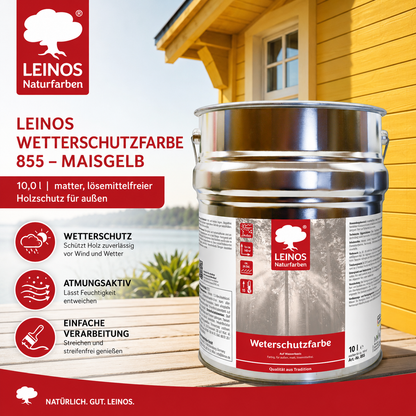 LEINOS Wetterschutzfarbe auf Wasserbasis 855 –10,0 l Maisgelb- Lösemittelfreier, matter Anstrich für unbehandelte Holzkonstruktionen im Außenbereich, ideal für sägeraues Holz