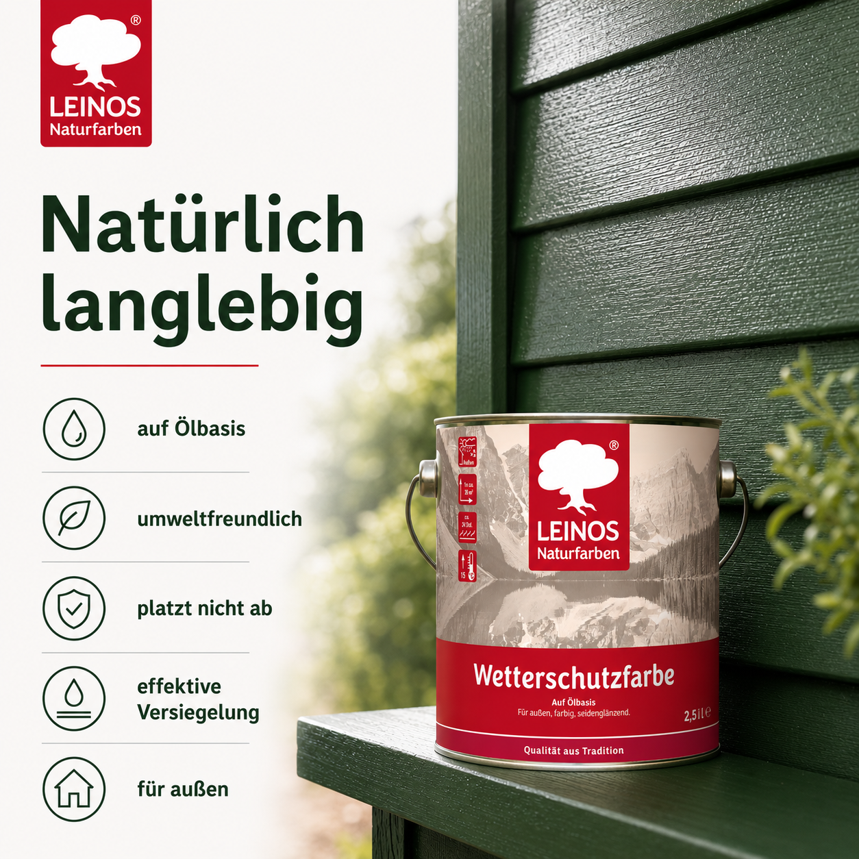 LEINOS Wetterschutzfarbe 2,5 l | Tannengrün Holzlasur für Holzfassaden Fenster Gartenhäuser| wetterbeständige Deckfarbe für effektive Versiegelung und langanhaltenden Schutz auf Ölbasis im Außenbereich