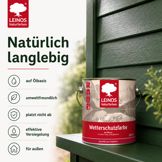LEINOS Wetterschutzfarbe 2,5 l | Tannengrün Holzlasur für Holzfassaden Fenster Gartenhäuser| wetterbeständige Deckfarbe für effektive Versiegelung und langanhaltenden Schutz auf Ölbasis im Außenbereich
