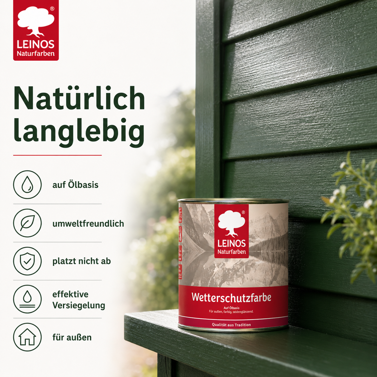 LEINOS Wetterschutzfarbe 750 ml | Tannengrün Holzlasur für Holzfassaden Fenster Gartenhäuser| wetterbeständige Deckfarbe für effektive Versiegelung und langanhaltenden Schutz auf Ölbasis im Außenbereich