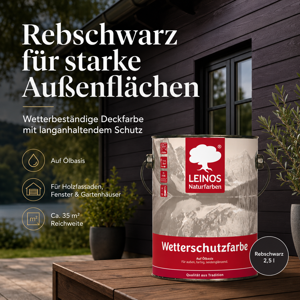 LEINOS Wetterschutzfarbe 2,5 l | Rebschwarz Holzlasur für Holzfassaden Fenster Gartenhäuser| wetterbeständige Deckfarbe für effektive Versiegelung und langanhaltenden Schutz auf Ölbasis im Außenbereich