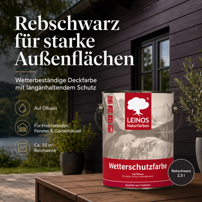 LEINOS Wetterschutzfarbe 2,5 l | Rebschwarz Holzlasur für Holzfassaden Fenster Gartenhäuser| wetterbeständige Deckfarbe für effektive Versiegelung und langanhaltenden Schutz auf Ölbasis im Außenbereich