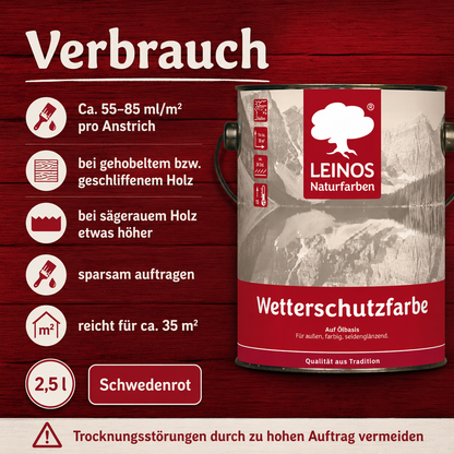 LEINOS Wetterschutzfarbe 2,5 l | Schwedenrot Holzlasur für Holzfassaden Fenster Gartenhäuser| wetterbeständige Deckfarbe für effektive Versiegelung und langanhaltenden Schutz auf Ölbasis im Außenbereich