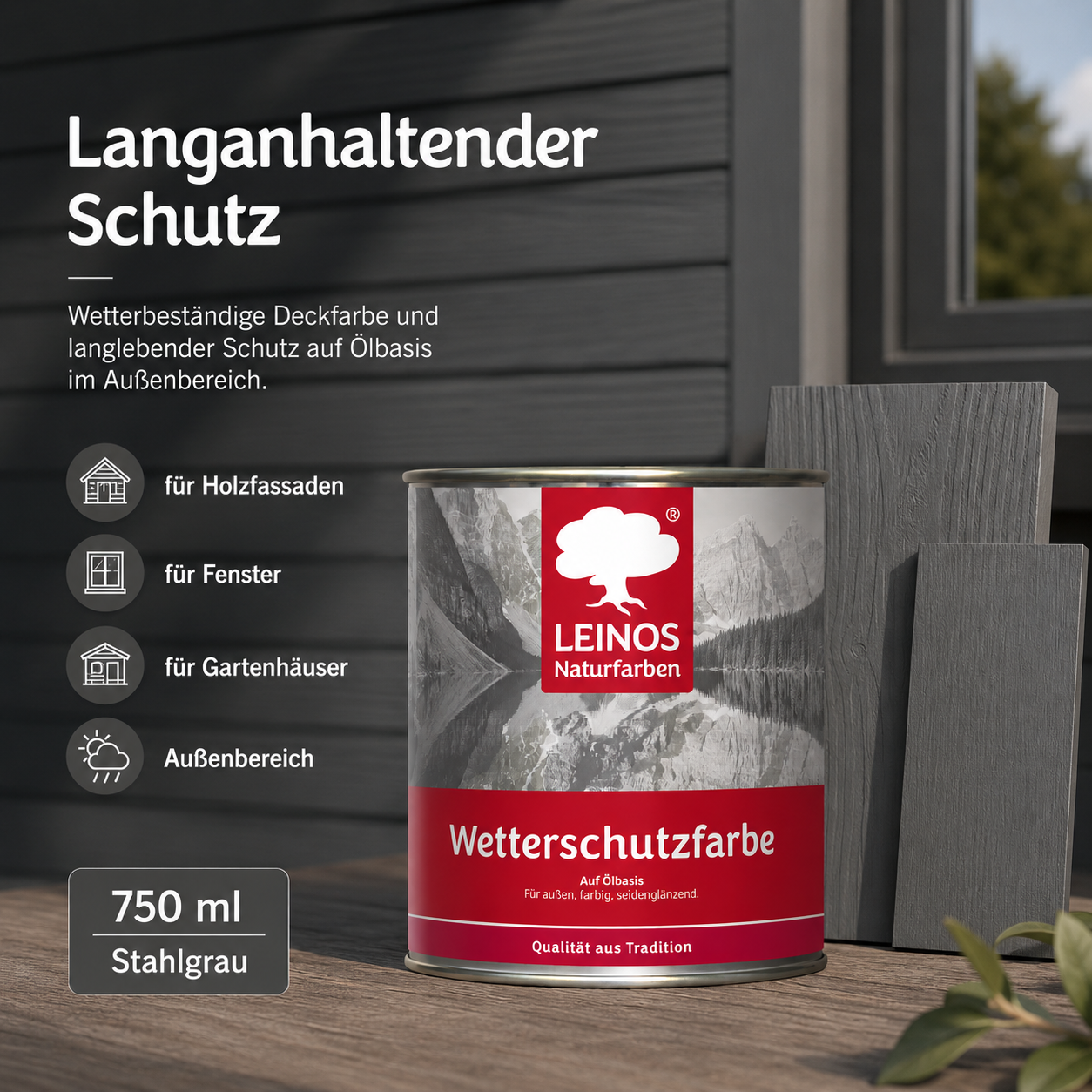 LEINOS Wetterschutzfarbe 750 ml | Stahlgrau Holzlasur für Holzfassaden Fenster Gartenhäuser| wetterbeständige Deckfarbe für effektive Versiegelung und langanhaltenden Schutz auf Ölbasis im Außenbereich