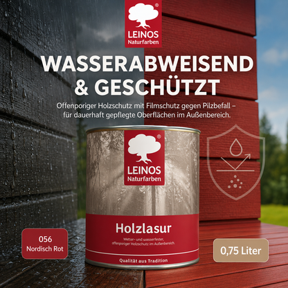 Wetterfeste Holzlasur für Außen 056 Nordisch Rot 0,75 Liter - offenporiger Holzschutz mit Filmschutz gegen Pilzbefall - für Fenster, Türen, Zäune & Pergolen - wasserabweisend, lasierend