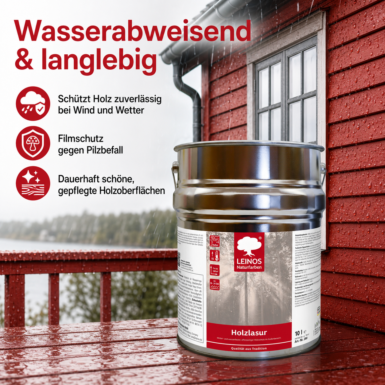Wetterfeste Holzlasur für Außen 056 Nordisch Rot 10,00 Liter - offenporiger Holzschutz mit Filmschutz gegen Pilzbefall - für Fenster, Türen, Zäune & Pergolen - wasserabweisend, lasierend