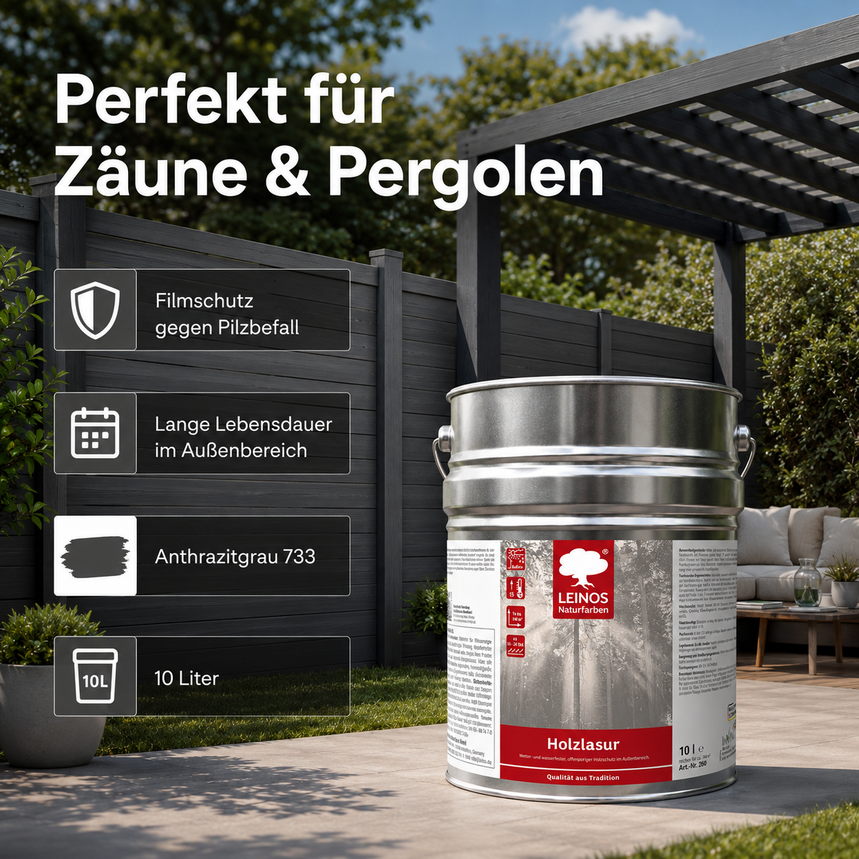 Wetterfeste Holzlasur für Außen 733 Anthrazitgrau 10,00 Liter - offenporiger Holzschutz mit Filmschutz gegen Pilzbefall - für Fenster, Türen, Zäune & Pergolen - wasserabweisend, lasierend