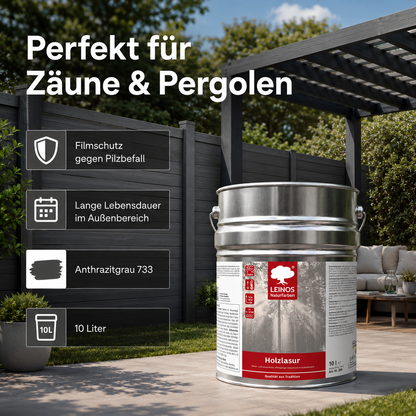 Wetterfeste Holzlasur für Außen 733 Anthrazitgrau 10,00 Liter - offenporiger Holzschutz mit Filmschutz gegen Pilzbefall - für Fenster, Türen, Zäune & Pergolen - wasserabweisend, lasierend