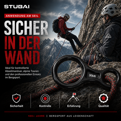 STUBAI Abseilachter groß, 109 g, 30 kN Bruchlast, EN 15151-2 zertifiziert – Sicherungsgerät aus geschmiedetem Aluminium, rot eloxiert – geeignet für Klettern, Bergsteigen, Canyoning, Höhenarbeit