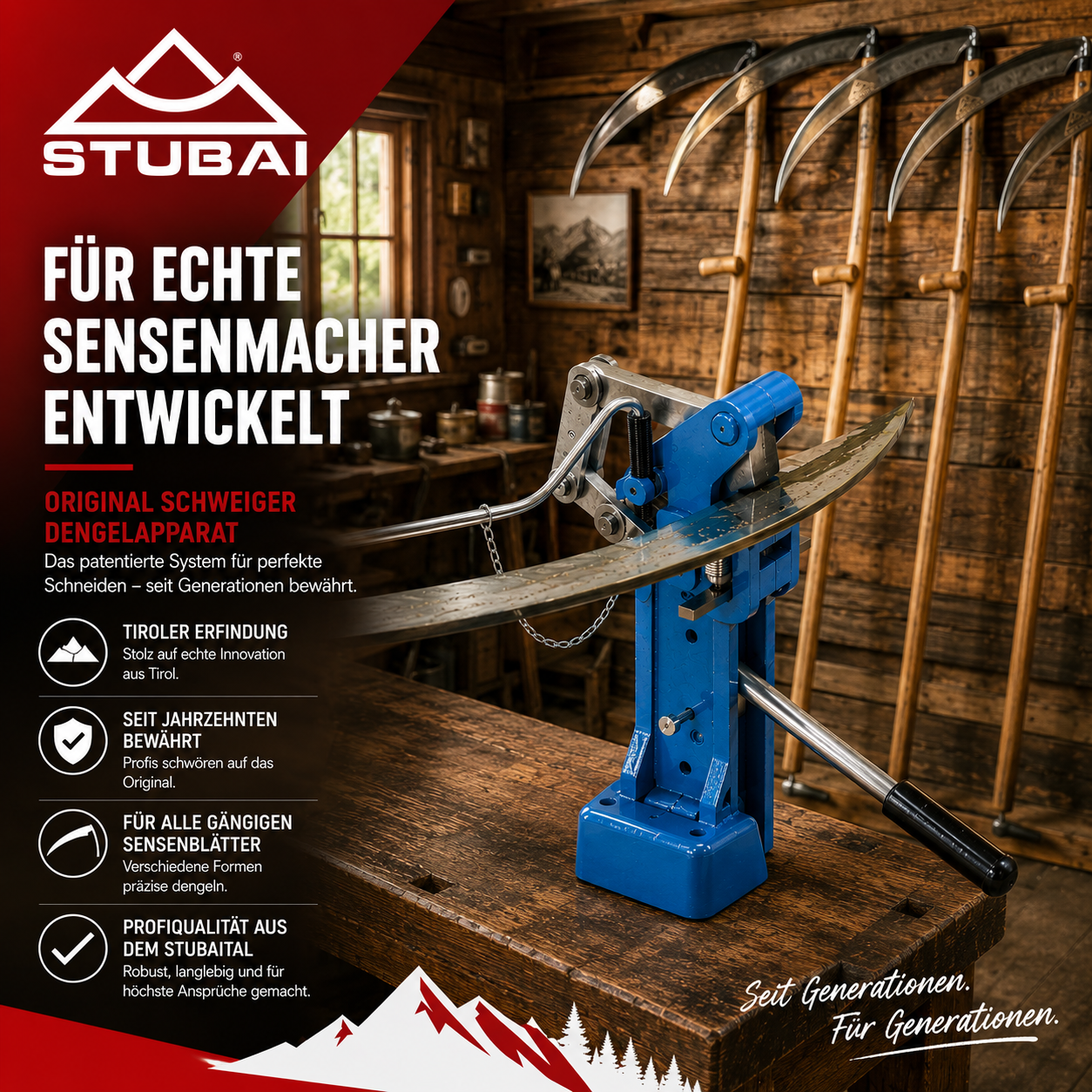 STUBAI Dengelapparat für Handbetrieb Original Sensendengelmaschine aus Tirol, professionelle Dengelmaschine für Sensen, robuste Stahlkonstruktion, präzise Dengelbacken, bewährte Qualität