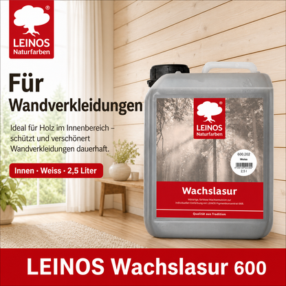 Leinos 600 Wachslasur für Innen 202 Weiß 2,5 l – wässrige Holzlasur für Möbel, Holzdecken, Wandverkleidungen und Kinderspielzeug im Innenbereich, weiß