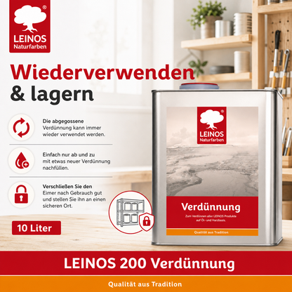 LEINOS 200 Verdünnung 10 Liter | Zum Verdünnen aller öligen Produkte sowie zur Reinigung der Arbeitsgeräte. Auch als Fleckentferner geeignet.