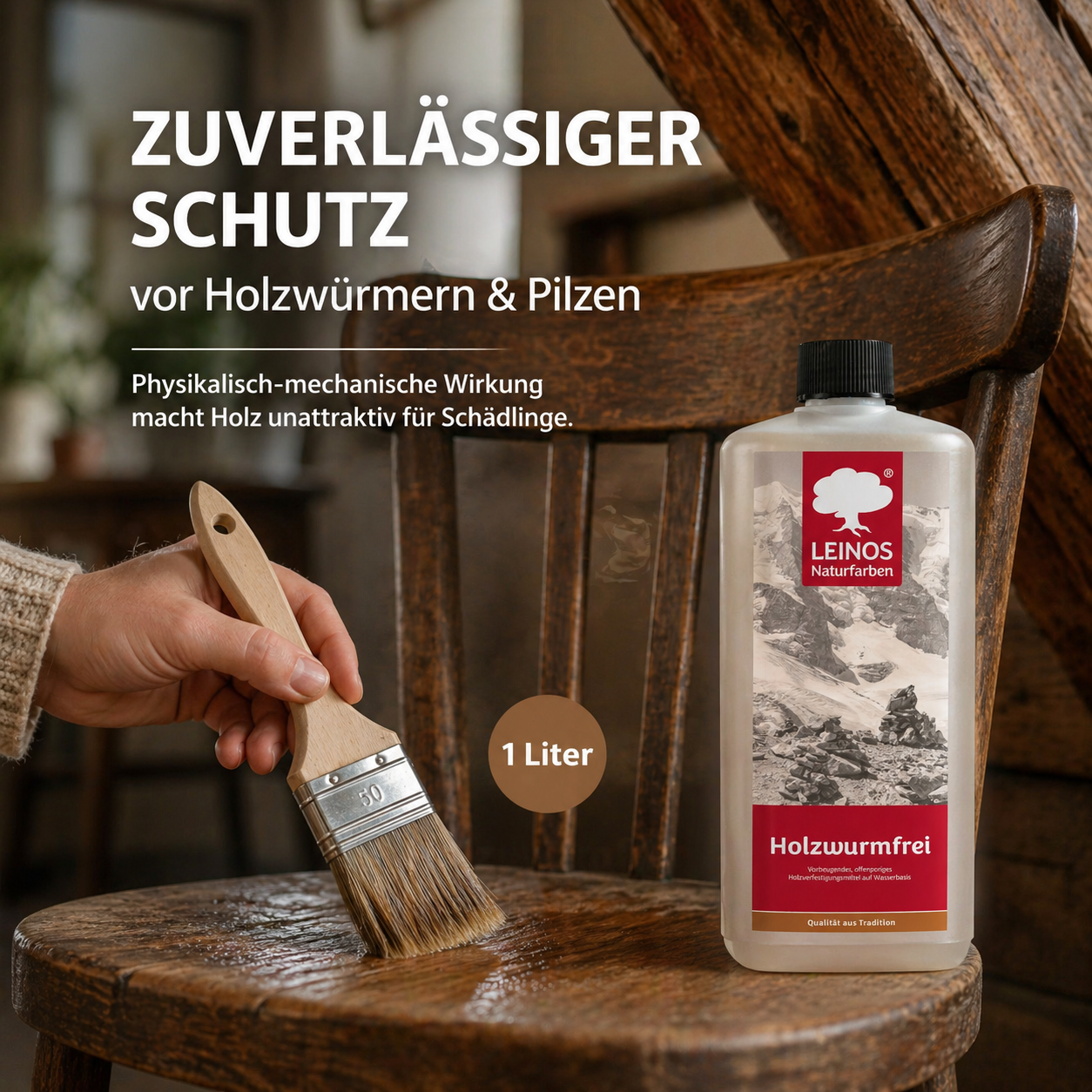 LEINOS Holzwurmfrei 130 | Holzschutz gegen Insekten- & Pilzbefall | Für Innen, überdachten Außenbereich & Feuchträume | Holzverfestiger mit physikalisch-mechanischer Wirkung | 1L