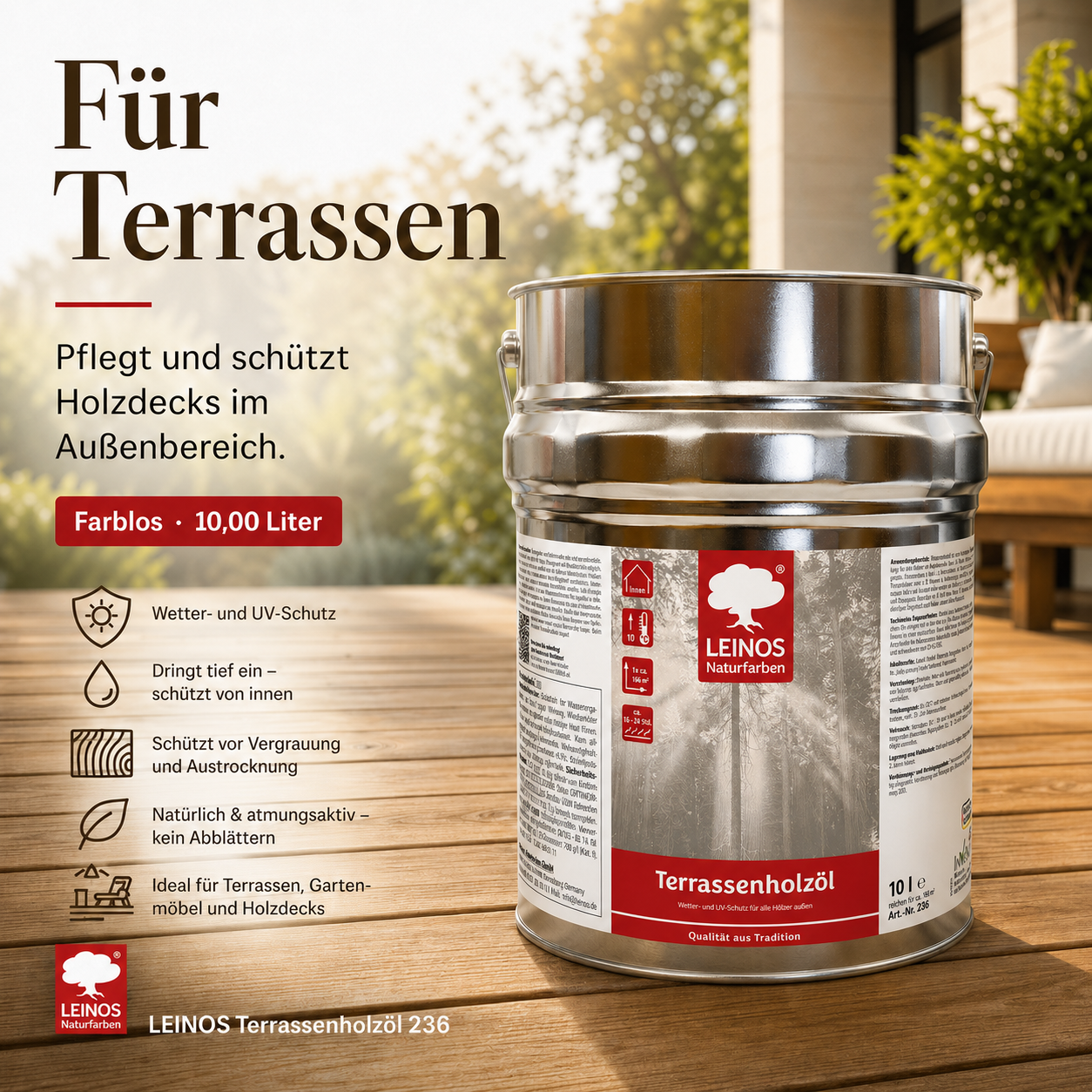 LEINOS Terrassenholzöl 236 | 10,00 Liter | Hochwertiges Holzöl für außen | Für Terrassen, Zäune, Kinderspielgeräte | Farbton: farblos | Tiefer Holzschutz & leichte Anwendung