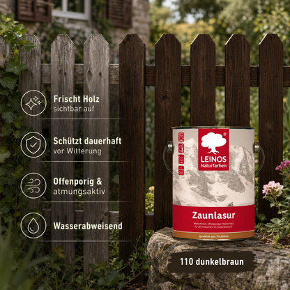 LEINOS Zaunlasur 110 dunkelbraun – wetterfeste Holzlasur für außen, offenporiger Holzschutz, wasserabweisend & atmungsaktiv, 2,5 l für bis zu 36 m² dunkelbraun