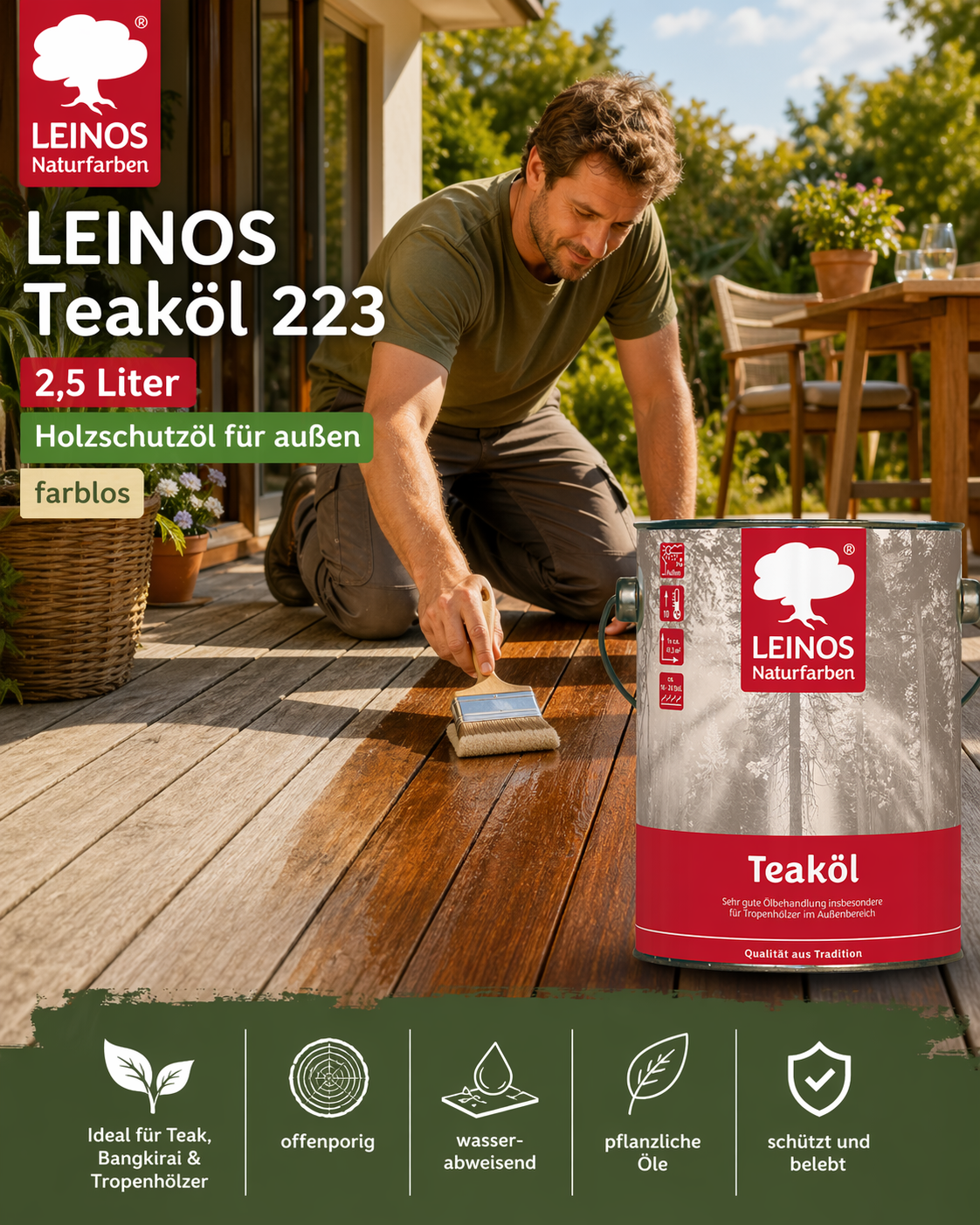 LEINOS Teaköl 223 – 2,5 Liter Holzschutzöl für außen, farblos, für Teak, Bangkirai & Tropenhölzer, imprägniert & frischt auf, pflanzliche Öle, offenporig, wasserabweisend, einfache Anwendung