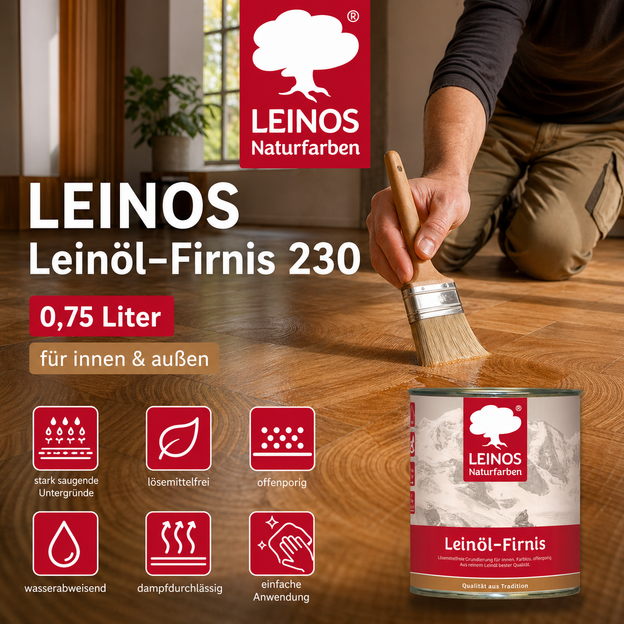 LEINOS Leinöl-Firnis 230 – 0,75 L für innen und außen – offenporige Grundierung für stark saugende Untergründe wie Hirnholzparkett, Kork, Terracotta – lösungsmittelfrei – ohne Filmschutz außen