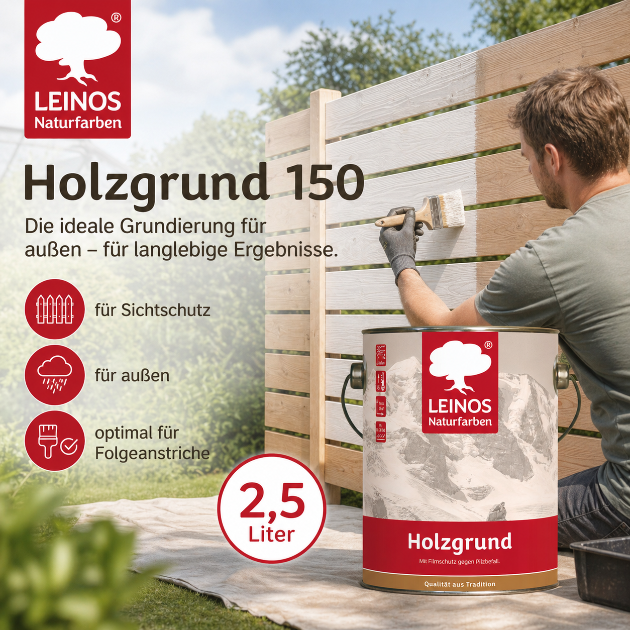 LEINOS 150 Holzgrund 2,5 l – offenporige Holzgrundierung für Lack- und Lasuranstriche außen, mit Filmschutz gegen Bläuebefall, tiefenwirksam, transparent-bräunlich, reicht bis ca. 60-80 m²