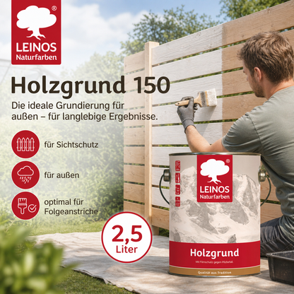 LEINOS 150 Holzgrund 2,5 l – offenporige Holzgrundierung für Lack- und Lasuranstriche außen, mit Filmschutz gegen Bläuebefall, tiefenwirksam, transparent-bräunlich, reicht bis ca. 60-80 m²