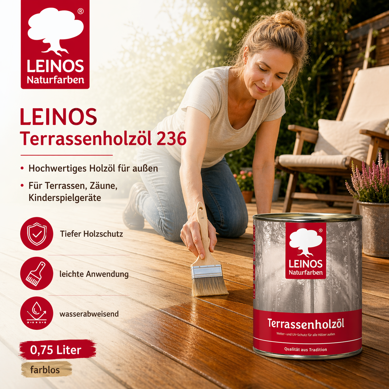 LEINOS Terrassenholzöl 236 | 0,75 Liter | Hochwertiges Holzöl für außen | Für Terrassen, Zäune, Kinderspielgeräte | Farbton: farblos | Tiefer Holzschutz & leichte Anwendung