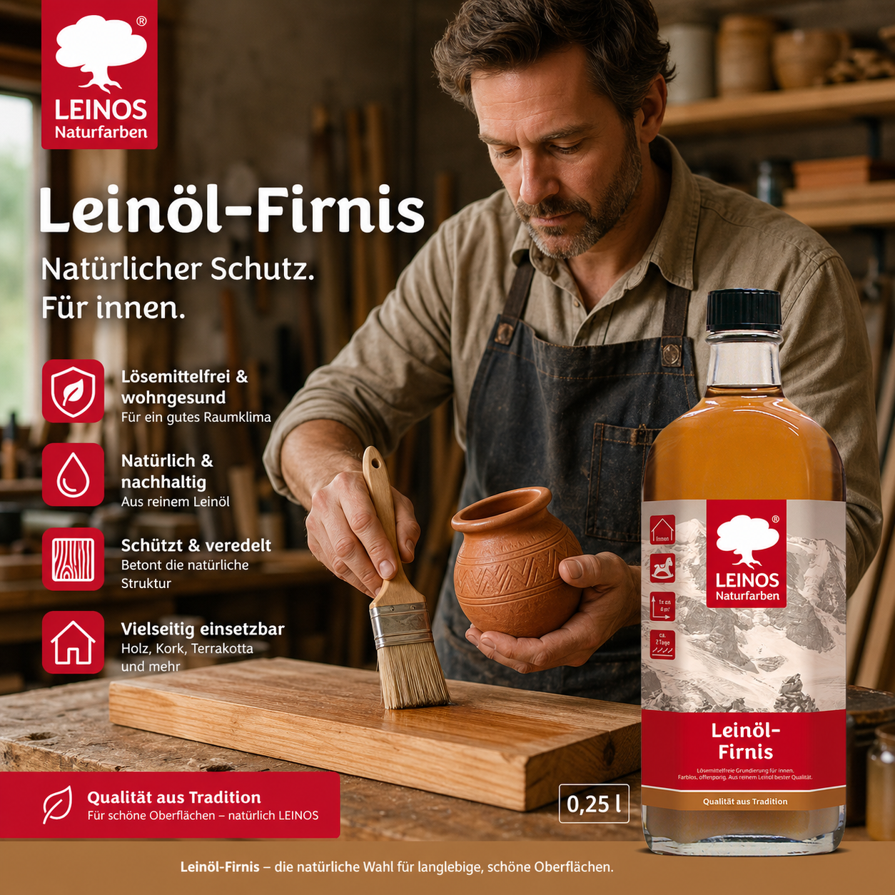LEINOS Leinöl-Firnis 230 – 0,25 L für innen und außen – offenporige Grundierung für stark saugende Untergründe wie Hirnholzparkett, Kork, Terracotta – lösemittelfrei – ohne Filmschutz außen