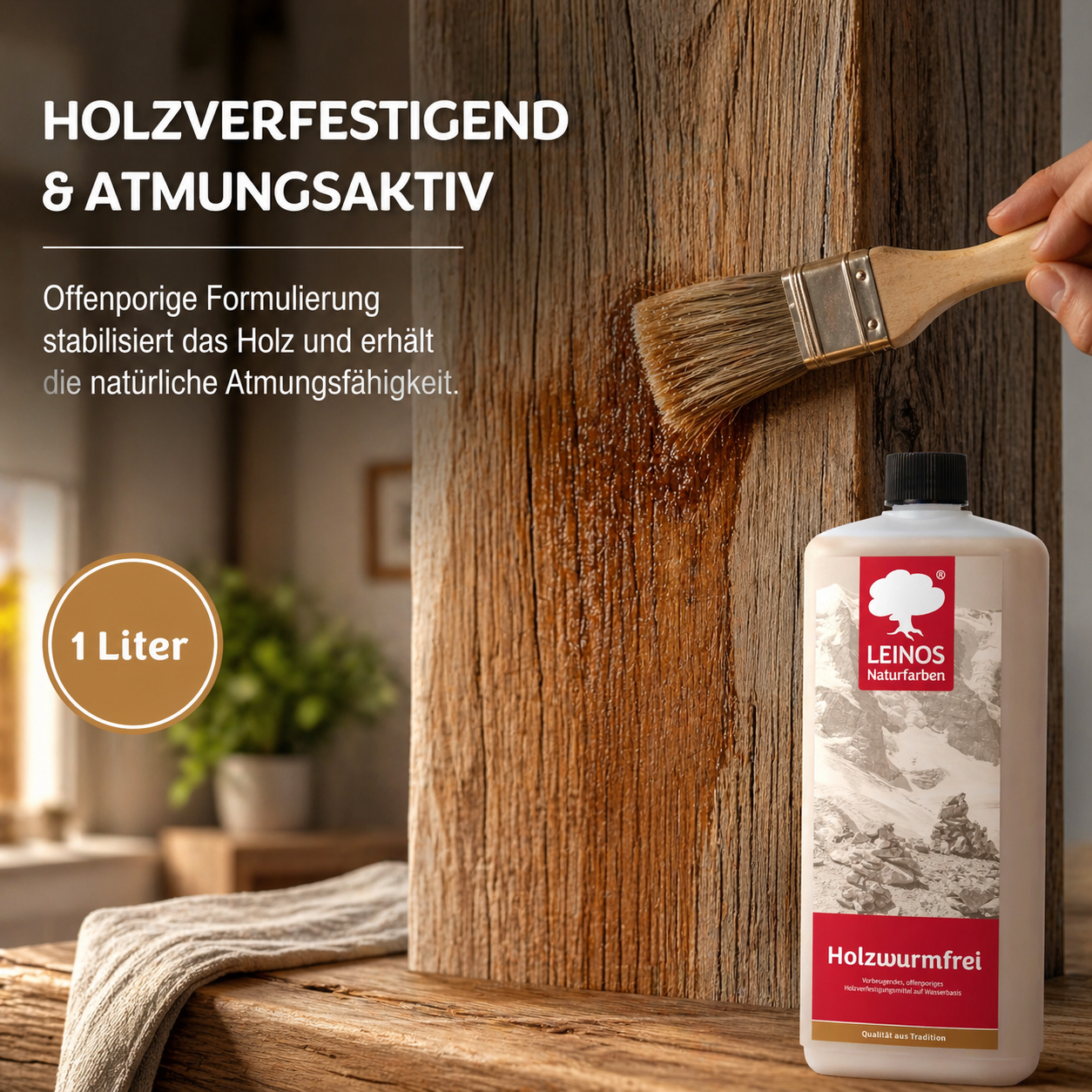 LEINOS Holzwurmfrei 130 | Holzschutz gegen Insekten- & Pilzbefall | Für Innen, überdachten Außenbereich & Feuchträume | Holzverfestiger mit physikalisch-mechanischer Wirkung | 1L