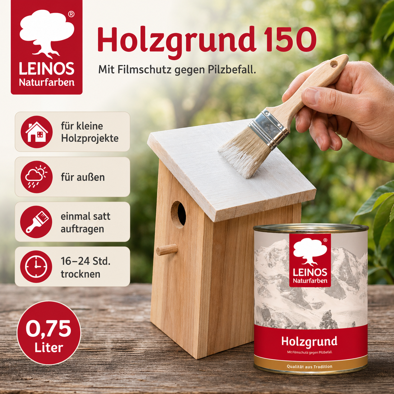LEINOS 150 Holzgrund 10 l – offenporige Holzgrundierung für Lack- und Lasuranstriche außen, mit Filmschutz gegen Bläuebefall, tiefenwirksam, transparent-bräunlich, reicht bis ca. 144 m²