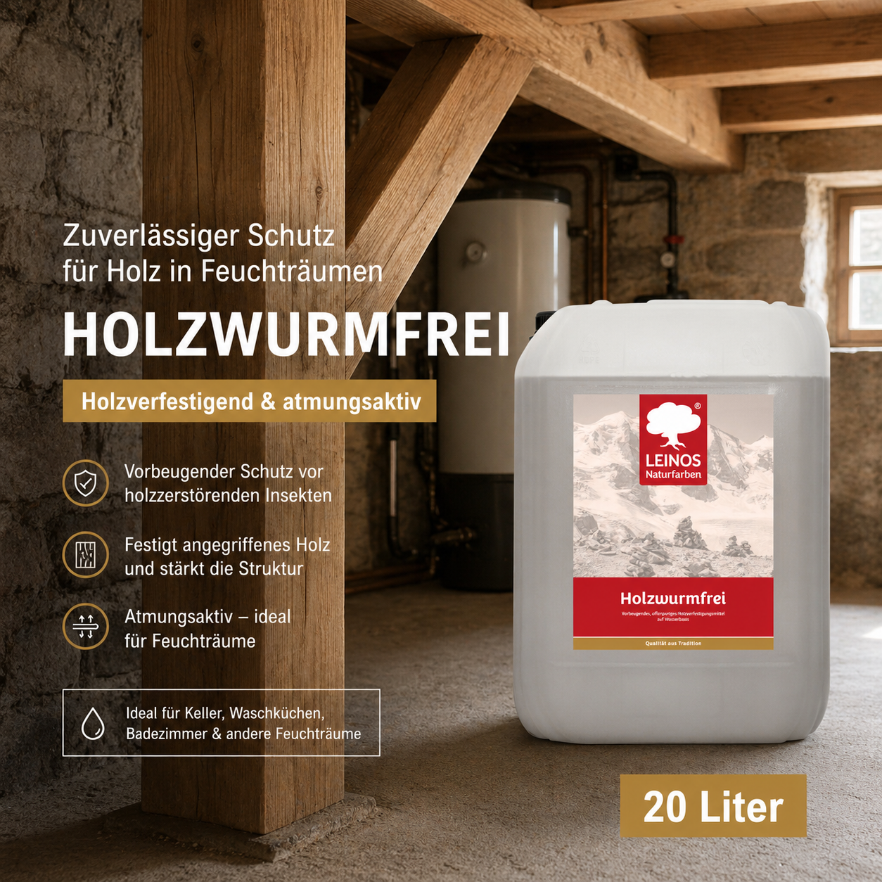 LEINOS Holzwurmfrei 130 | 20 Liter  Holzschutz gegen Insekten- & Pilzbefall | Für Innen, überdachten Außenbereich & Feuchträume | Holzverfestiger mit physikalisch-mechanischer Wirkung