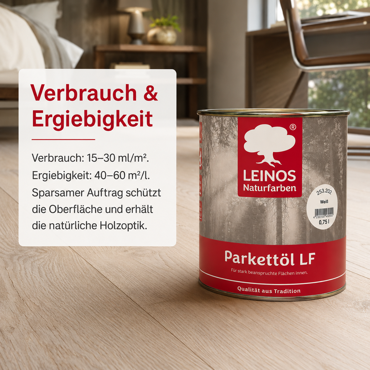LEINOS Parkettöl LF 253 weiß 0,75 L – Natürlich pigmentiertes Holzöl für Parkett & Dielen, lösemittelfrei, offenporig, UV-stabil & strapazierfähig – ideal für helle Holzfußböden im Innenbereich