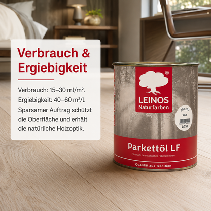 LEINOS Parkettöl LF 253 weiß 0,75 L – Natürlich pigmentiertes Holzöl für Parkett & Dielen, lösemittelfrei, offenporig, UV-stabil & strapazierfähig – ideal für helle Holzfußböden im Innenbereich