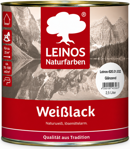 LEINOS 820 Weißlack Glänzend | 2,5 L Innen & Außen | Wohngesunder Naturharz-Öl Lack, wetterfest & strapazierfähig | ca. 20 m² Reichweite | Für Türen, Fenster, Möbel & Holzflächen | Profiqualität