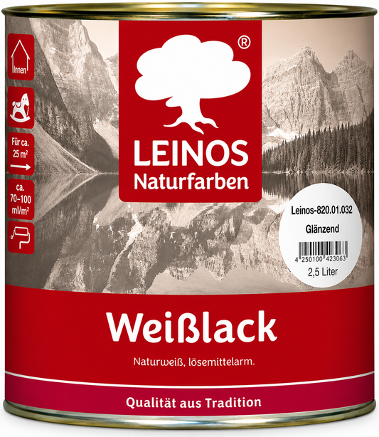 LEINOS 820 Weißlack Glänzend | 2,5 L Innen & Außen | Wohngesunder Naturharz-Öl Lack, wetterfest & strapazierfähig | ca. 20 m² Reichweite | Für Türen, Fenster, Möbel & Holzflächen | Profiqualität