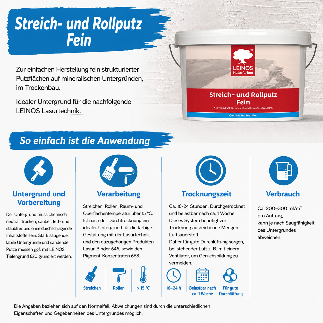 LEINOS Streich- und Rollputz fein 685, weiß – Feinkörniger Putz für Innen, atmungsaktiv, lösemittelfrei, schadstofffrei, gebrauchsfertig, strukturierbar, auf Putz, Gips, Lehm, Altanstrich – 10 L
