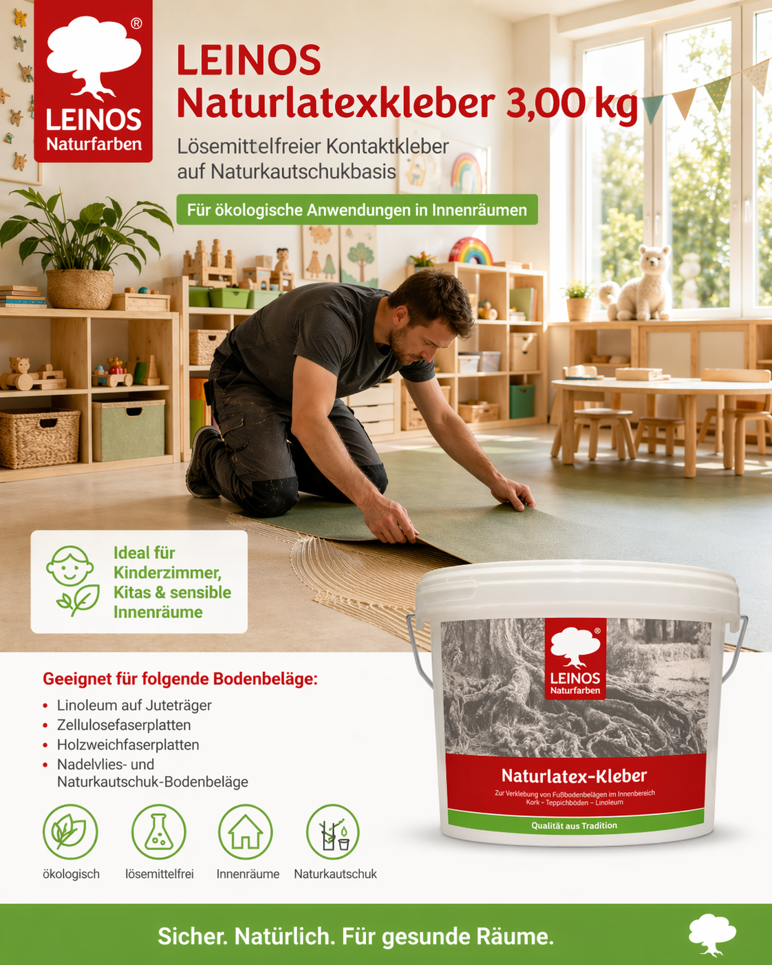 LEINOS Naturlatexkleber 10,00 kg – lösungsmittelfreier Kontaktkleber auf Naturkautschukbasis – für Teppiche, Kork, Leder, Filz, Linoleum & Papier – ideal für ökologische Anwendungen