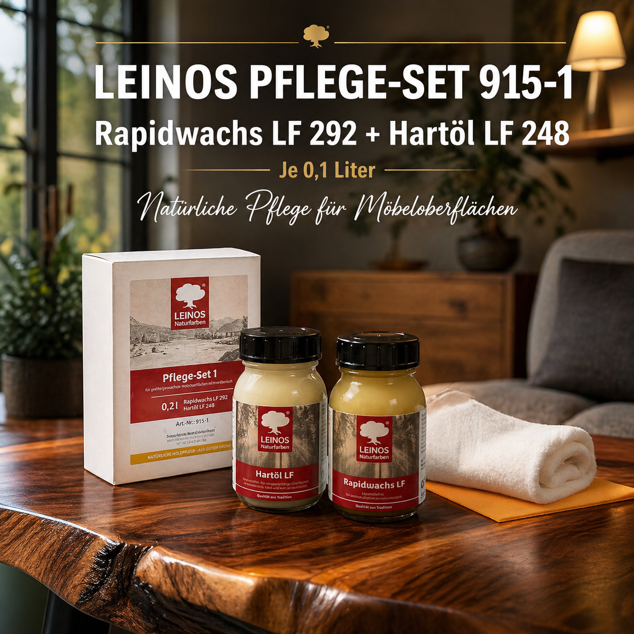 LEINOS Pflege-Set 915-1für geölte  und gewachste Möbeloberflächen je 0,1 Liter  | Lösemittelfreie, schnelle Einmalbehandlung oder -reperatur von nicht stark strapazierten Holzoberflächen