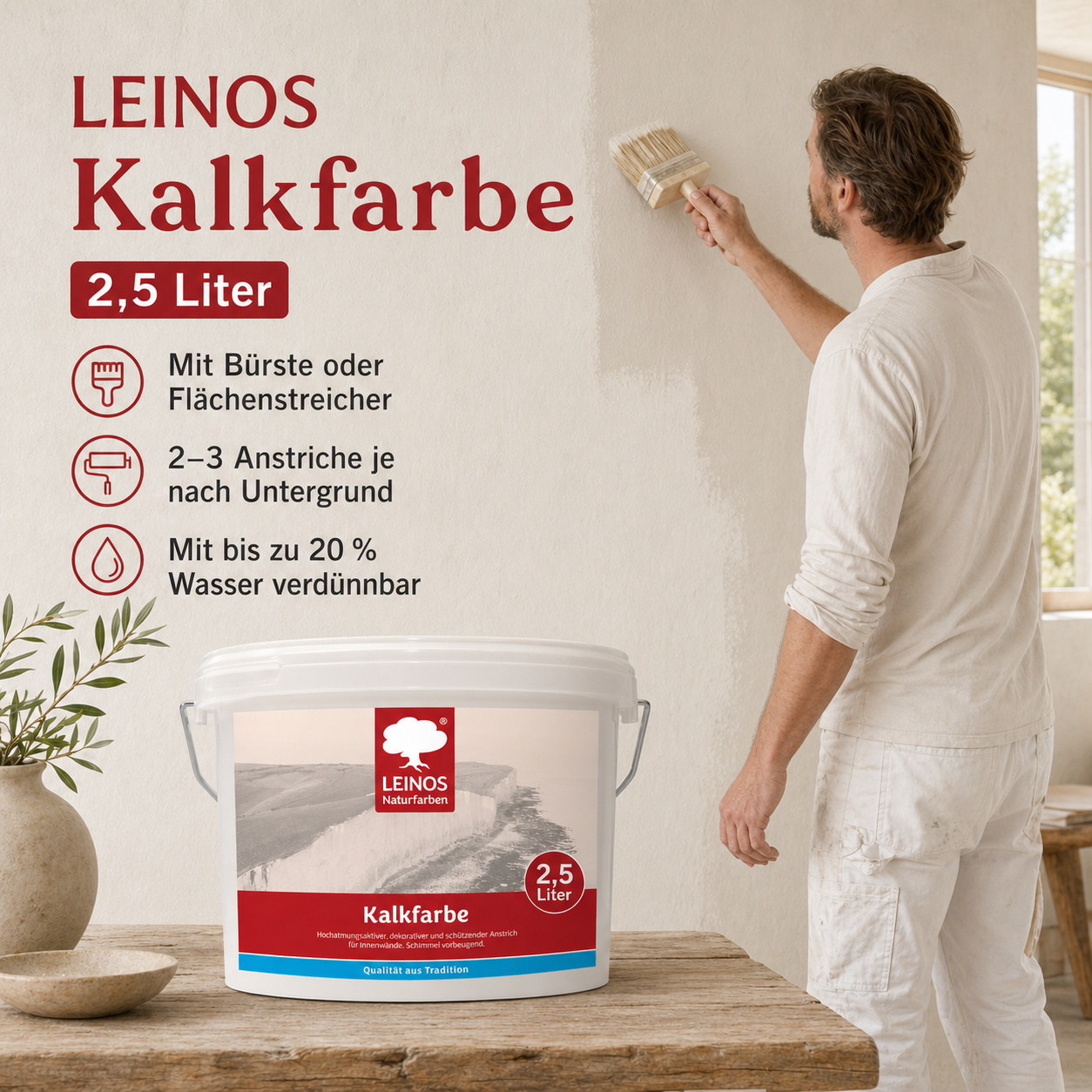 LEINOS Kalkfarbe 665 – Hochatmungsaktive Wandfarbe für Innen | Naturweiß, matt & mineralisch | Lösemittelfrei, schimmelvorbeugend, abtönbar | 2,5 L für ca. 16 m² | für mineralische Untergründe