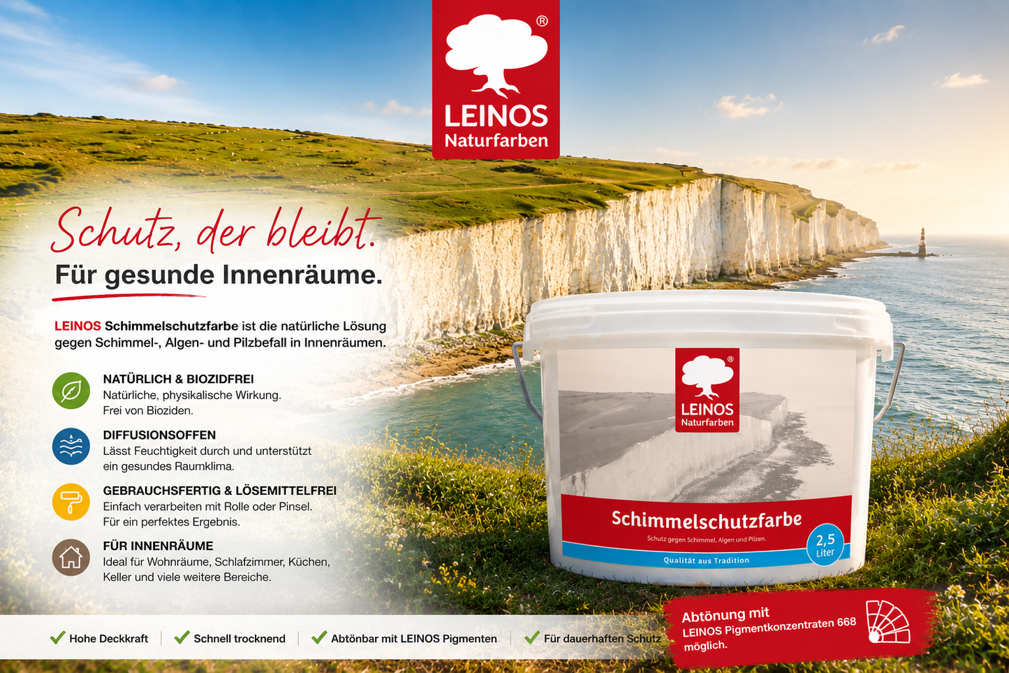 LEINOS 695 Schimmelschutzfarbe 2,5 l für Innenräume, gegen Schimmel, Algen und Pilze, biozidfrei, lösemittelfrei, diffusionsoffen, natürliche Wirkung, hohe Deckkraft, weiß, gebrauchsfertig Innenwände!