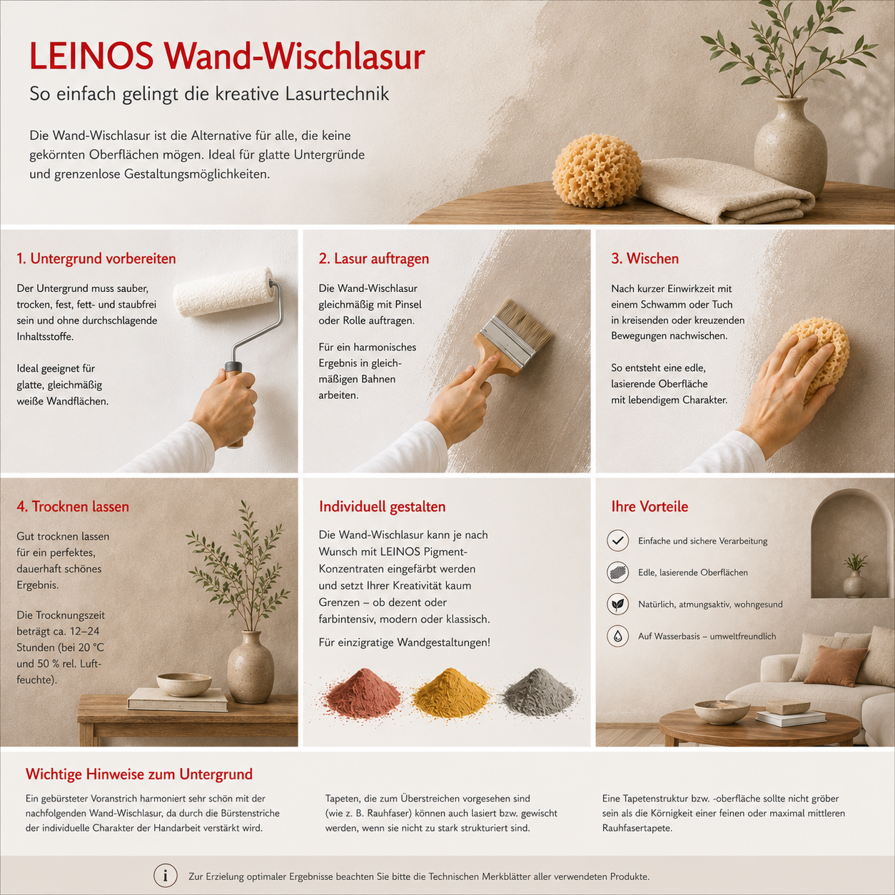 LEINOS Wand-Wischlasur 0,75 Liter für glatte Wände, kreative Lasurtechniken und sanfte Farbverläufe, verarbeitungsfertig, individuell abtönbar, atmungsaktiv, leicht aufzutragen innen für Wohnräume pur