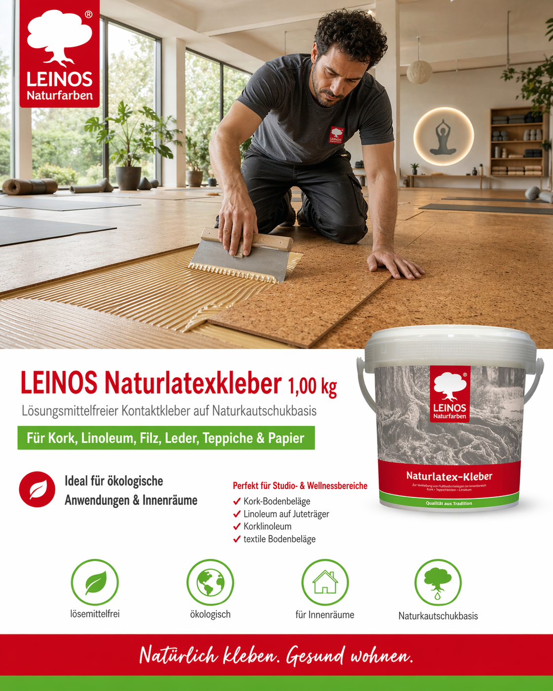 LEINOS Naturlatexkleber 1,00 kg – lösungsmittelfreier Kontaktkleber auf Naturkautschukbasis – für Teppiche, Kork, Leder, Filz, Linoleum & Papier – ideal für ökologische Anwendungen