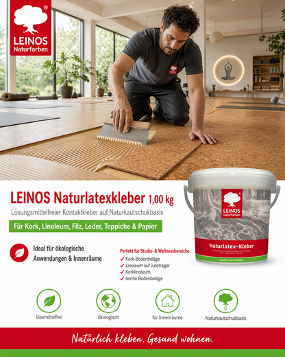 LEINOS Naturlatexkleber 1,00 kg – lösungsmittelfreier Kontaktkleber auf Naturkautschukbasis – für Teppiche, Kork, Leder, Filz, Linoleum & Papier – ideal für ökologische Anwendungen