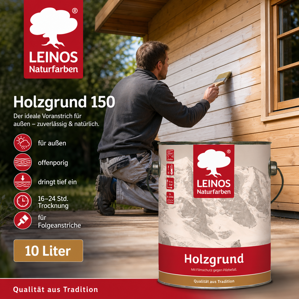 LEINOS 150 Holzgrund 10 l – offenporige Holzgrundierung für Lack- und Lasuranstriche außen, mit Filmschutz gegen Bläuebefall, tiefenwirksam, transparent-bräunlich, reicht bis ca. 144 m²