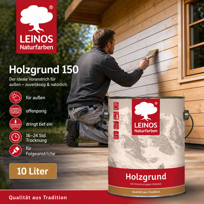 LEINOS 150 Holzgrund 10 l – offenporige Holzgrundierung für Lack- und Lasuranstriche außen, mit Filmschutz gegen Bläuebefall, tiefenwirksam, transparent-bräunlich, reicht bis ca. 144 m²