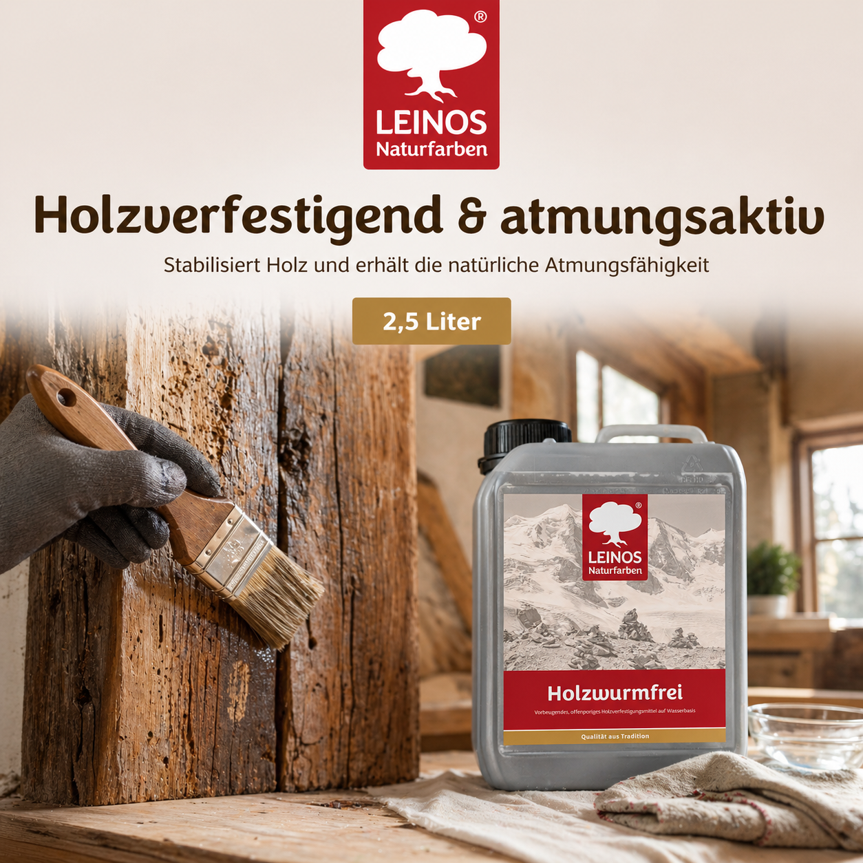 LEINOS Holzwurmfrei 2,5 Liter |  schützt  Holz durch physikalisch-mechanische Wirkung vor Pilz-  Insektenbefall | vorbeugendes, offenporiges Holzverfestigungsmittel,
