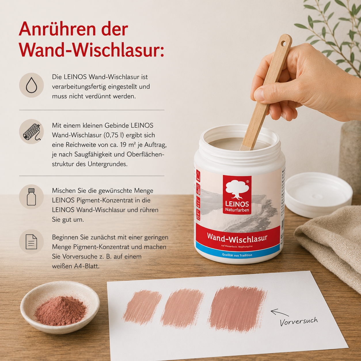 LEINOS Wand-Wischlasur 0,75 Liter für glatte Wände, kreative Lasurtechniken und sanfte Farbverläufe, verarbeitungsfertig, individuell abtönbar, atmungsaktiv, leicht aufzutragen innen für Wohnräume pur
