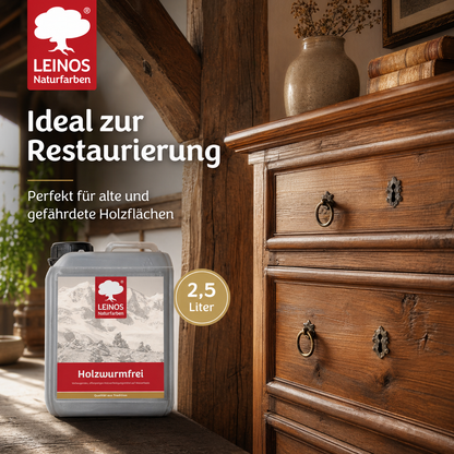 LEINOS Holzwurmfrei 2,5 Liter |  schützt  Holz durch physikalisch-mechanische Wirkung vor Pilz-  Insektenbefall | vorbeugendes, offenporiges Holzverfestigungsmittel,