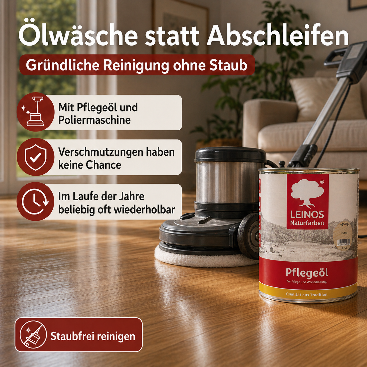 LEINOS 285 Pflegeöl 002 farblos  0,75 Liter | Zur Behandlung aller geölten und gewachsten Flächen wie Holz, Kork und Linoleum im Innenbereich |