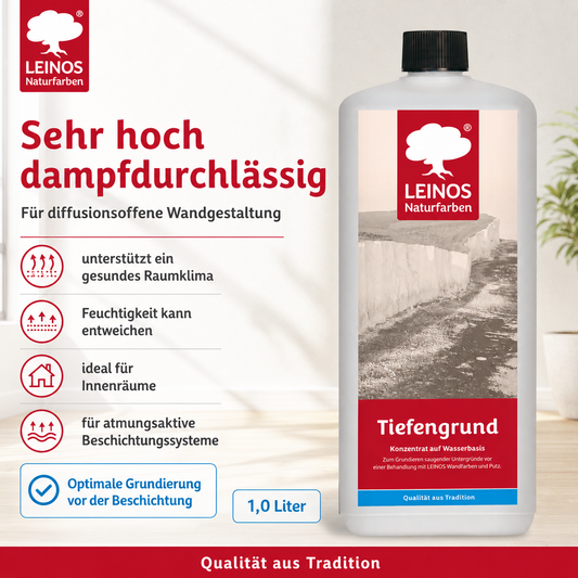 LEINOS Tiefengrund 620/ 1  Liter  – natürliche Grundierung für stark saugende Untergründe | Transparent, hoch dampfdurchlässig | Vorbereitung für Wandfarbe & Putz | 1L reicht für bis zu 25 m²