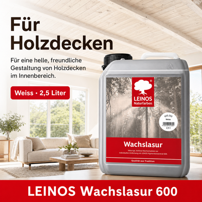 Leinos 600 Wachslasur für Innen 202 Weiß 2,5 l – wässrige Holzlasur für Möbel, Holzdecken, Wandverkleidungen und Kinderspielzeug im Innenbereich, weiß