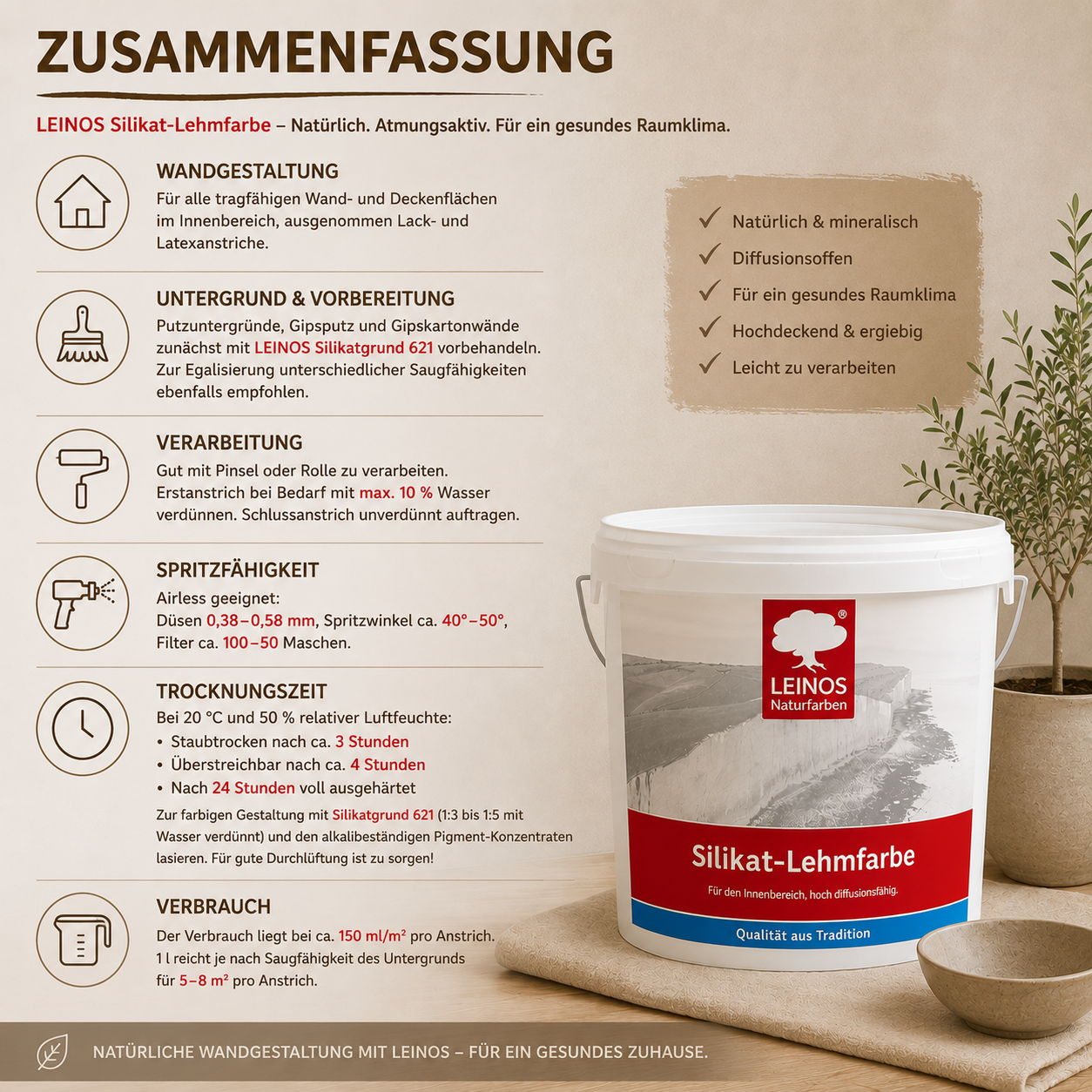 LEINOS Silikat-Lehmfarbe 689, naturweiß – Hochdeckende Wandfarbe für Innen, atmungsaktiv, lösemittelfrei, diffusionsoffen, geruchsarm, vegan, ideal für Lehmputz, Kalkputz, Putz – 10 L